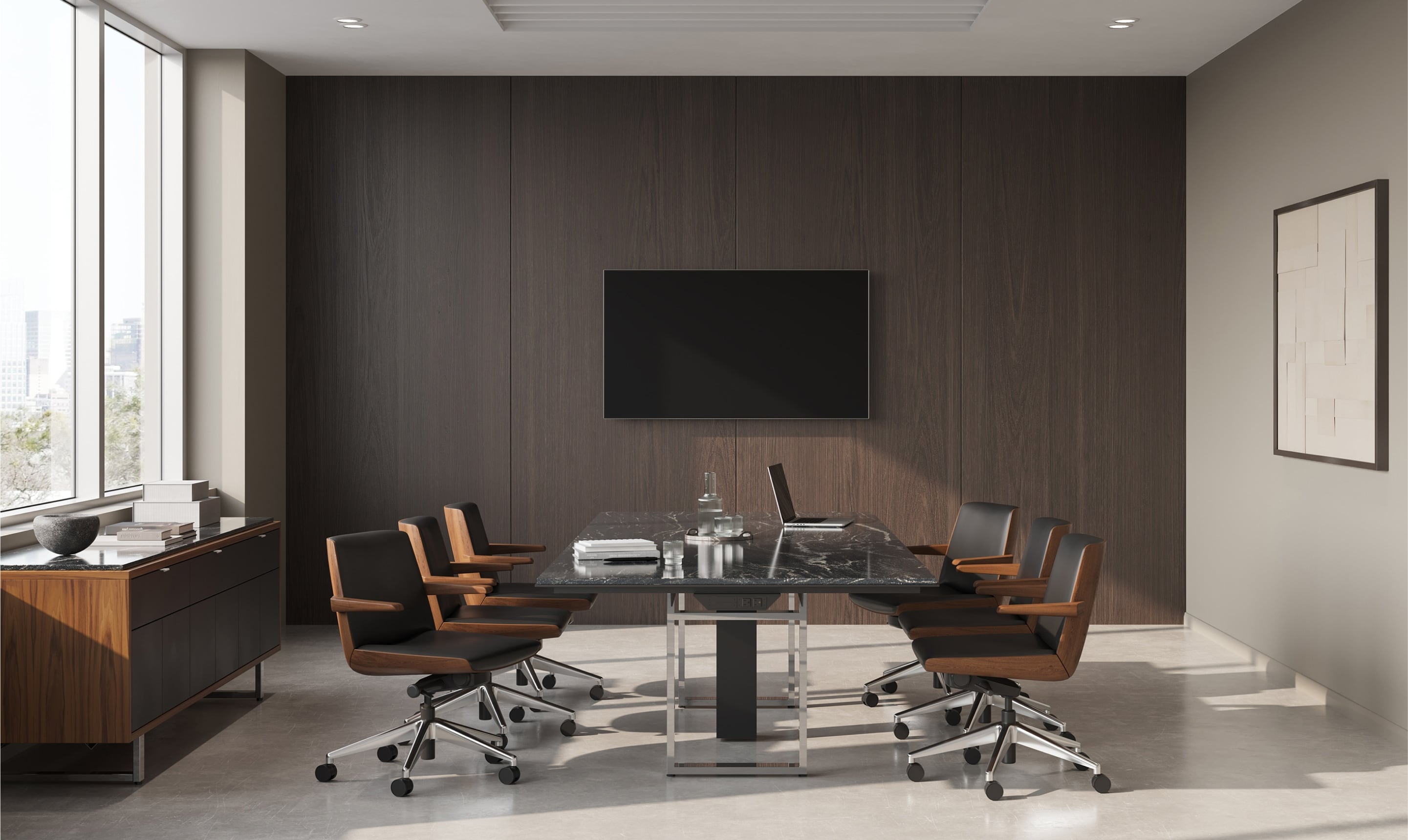 Highline Conference Table and Highline 25 Credenza by DatesWeiser in Black Granite with Clamshell Chairs in conference room.