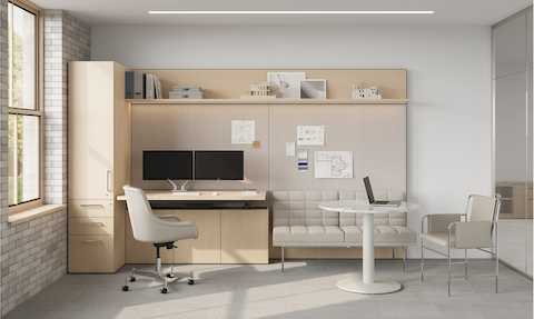 Geiger One Private Office in Clear Ash with Bumper Office Chair and Axon, Tuxedo and Envelope Guest meeting area.