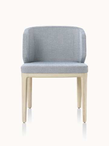 A wingback A Line side chair with light gray upholstery, viewed from the front.