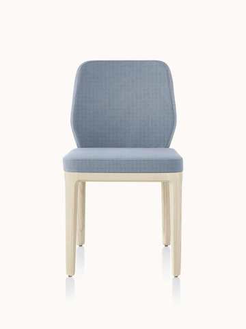 An armless A Line side chair with light gray upholstery, viewed from the front.