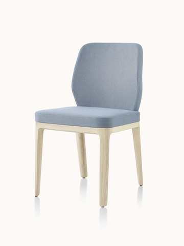 Angled view of an armless A Line side chair with light gray upholstery.