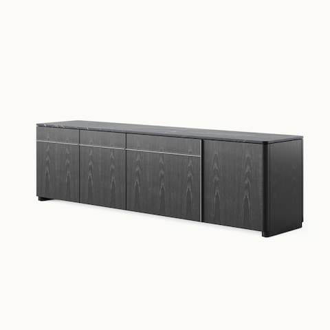 Ascent Credenza designed by EOOS for DatesWeiser in Ebonized Ash with a Nero Marquina marble top shown at an angle on a white sweep.