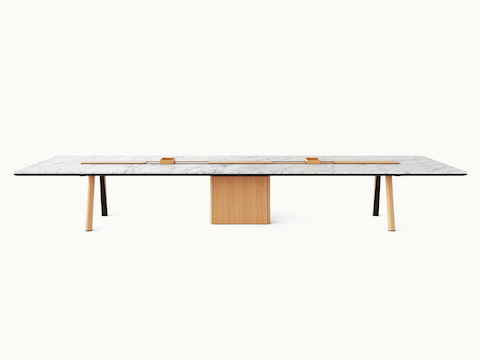 Ascent Conference Table designed by EOOS for DatesWeiser in White Carrara polished marble with natural rift cut oak base shown front-facing on a white sweep.