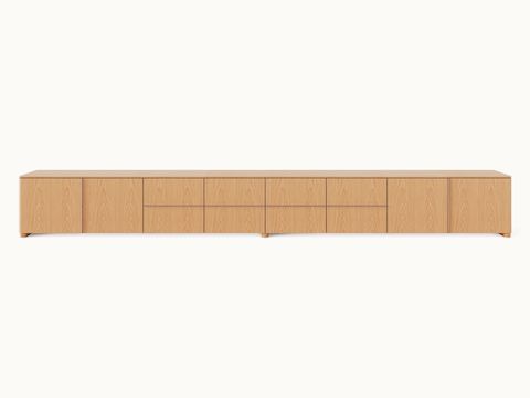 Ascent Credenza designed by EOOS for DatesWeiser in natural flat cut oak shown front-facing on a white sweep.