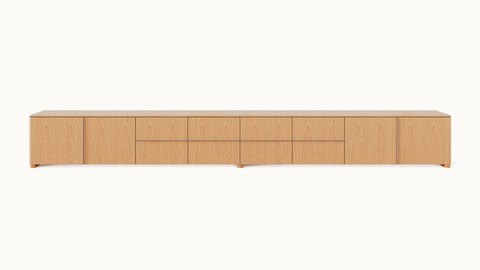 Ascent Credenza designed by EOOS for DatesWeiser in natural flat cut oak shown front-facing on a white sweep.