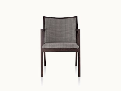 An Ascribe side chair with gray upholstery and a wood frame with a dark finish, viewed from the front.