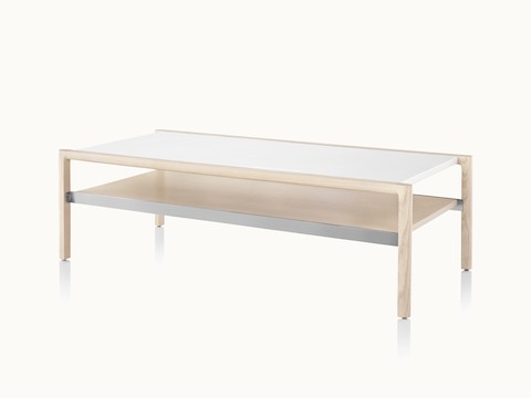 A rectangular Brabo Table with a leather-wrapped top, wood shelf, and metal frame supports. Viewed at an angle.