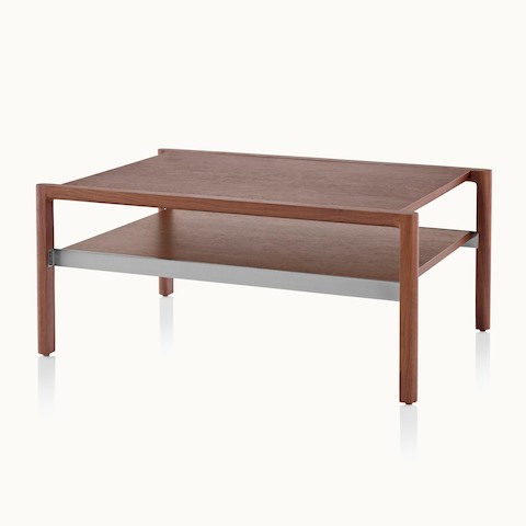 A Brabo coffee table with a wood top and shelf and metal frame supports, viewed at an angle.