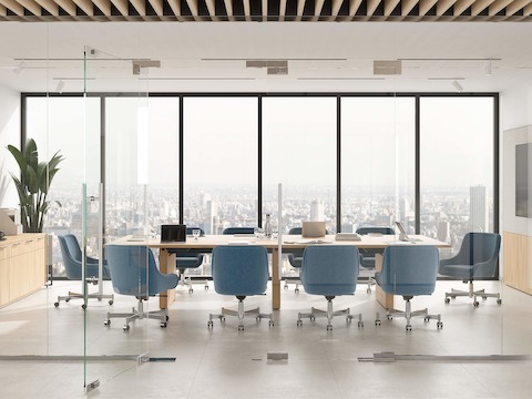 Bumper Chairs in a low arm version in a Conference Room setting with JD Conference Table and Credenza.