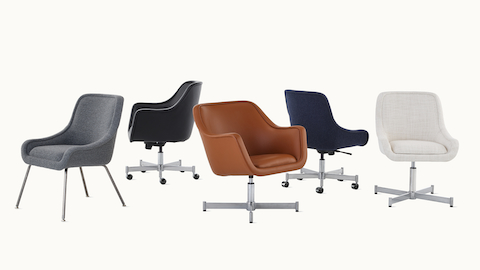 Bumper Chairs group shot with both low arm and standard arms and all base options.