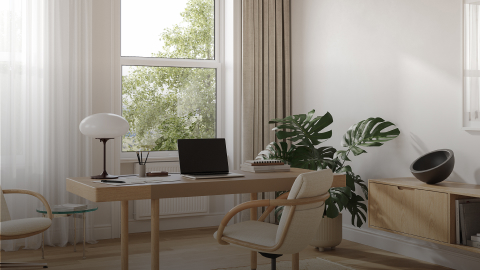 Full Loop Office Chair at a Leatherwrap Sit-to-Stand Desk home office setting, with the Full Loop Lounge and Geiger One floating credenza.