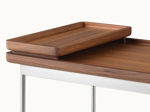 A Tuxedo Component Lounge Table featuring a Natural Walnut top and Satin Chrome Base.
