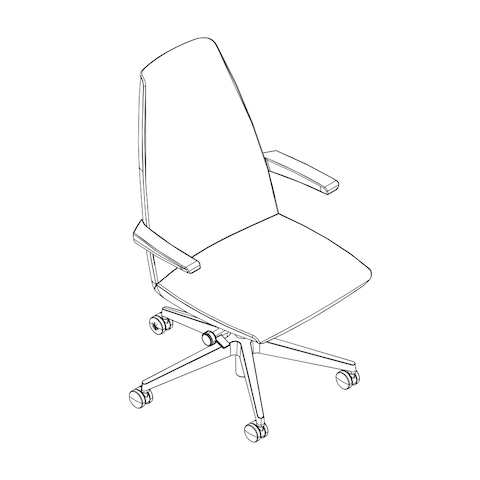 Line drawing of a high-back Clamshell office chair with arms, viewed from above at an angle.