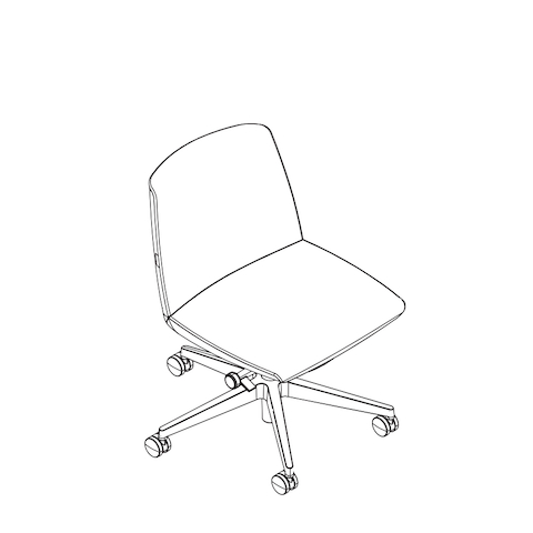 Line drawing of a low-back Clamshell office chair without arms, viewed from above at an angle.