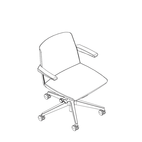 Line drawing of a low-back Clamshell office chair with arms, viewed from above at an angle.