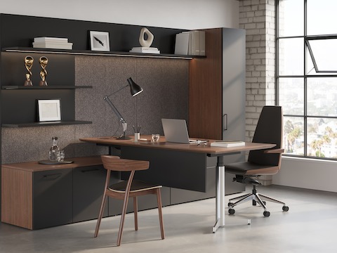 Geiger One Private Office in a loft setting in Walnut Recograin with Clamshell Office Chair and Leeway Guest Chair.