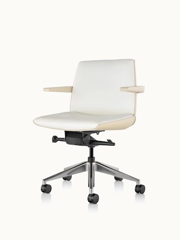 A low-back Clamshell office chair with arms and black leather upholstery, viewed from the front.