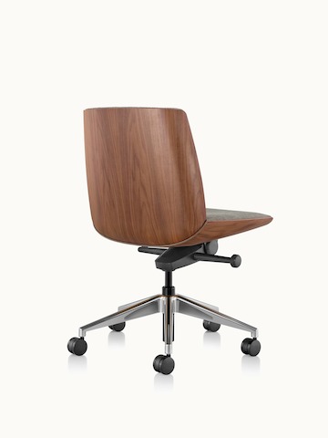 Angled view of a low-back Clamshell office chair with gray upholstery and no arms.