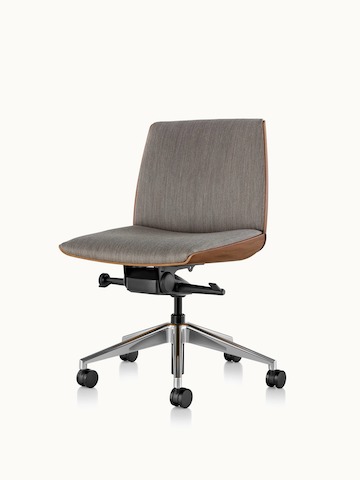 A high-back Clamshell office chair with arms and black leather upholstery, viewed from the front.