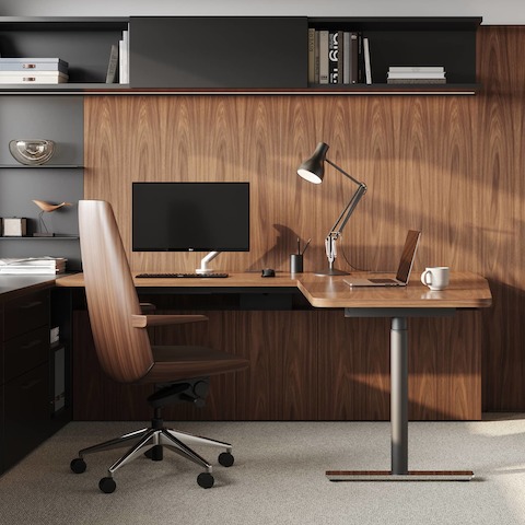 Geiger One Private Office, Rendering PO2, in Natural Walnut with Clamshell Chair and Tuxedo benching.