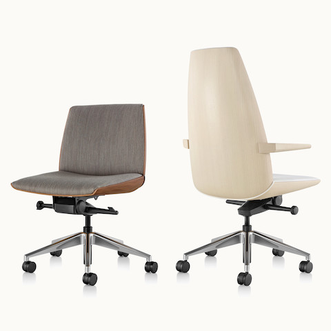 A low-back Clamshell office chair, viewed from the front at an angle, next to a high-back version, viewed from behind at an angle.