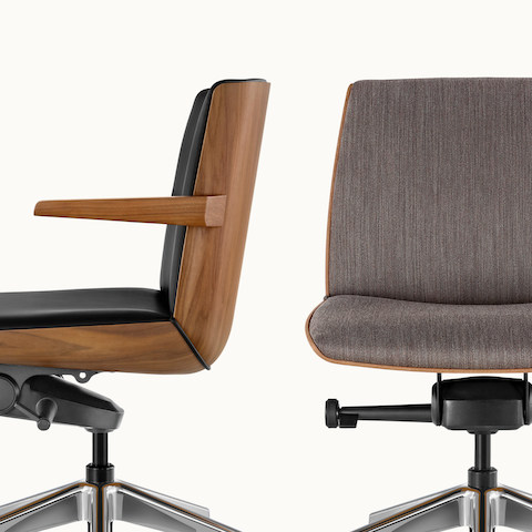 Partial side view of a Clamshell office chair with arms next to a partial front view of a Clamshell office chair without arms.