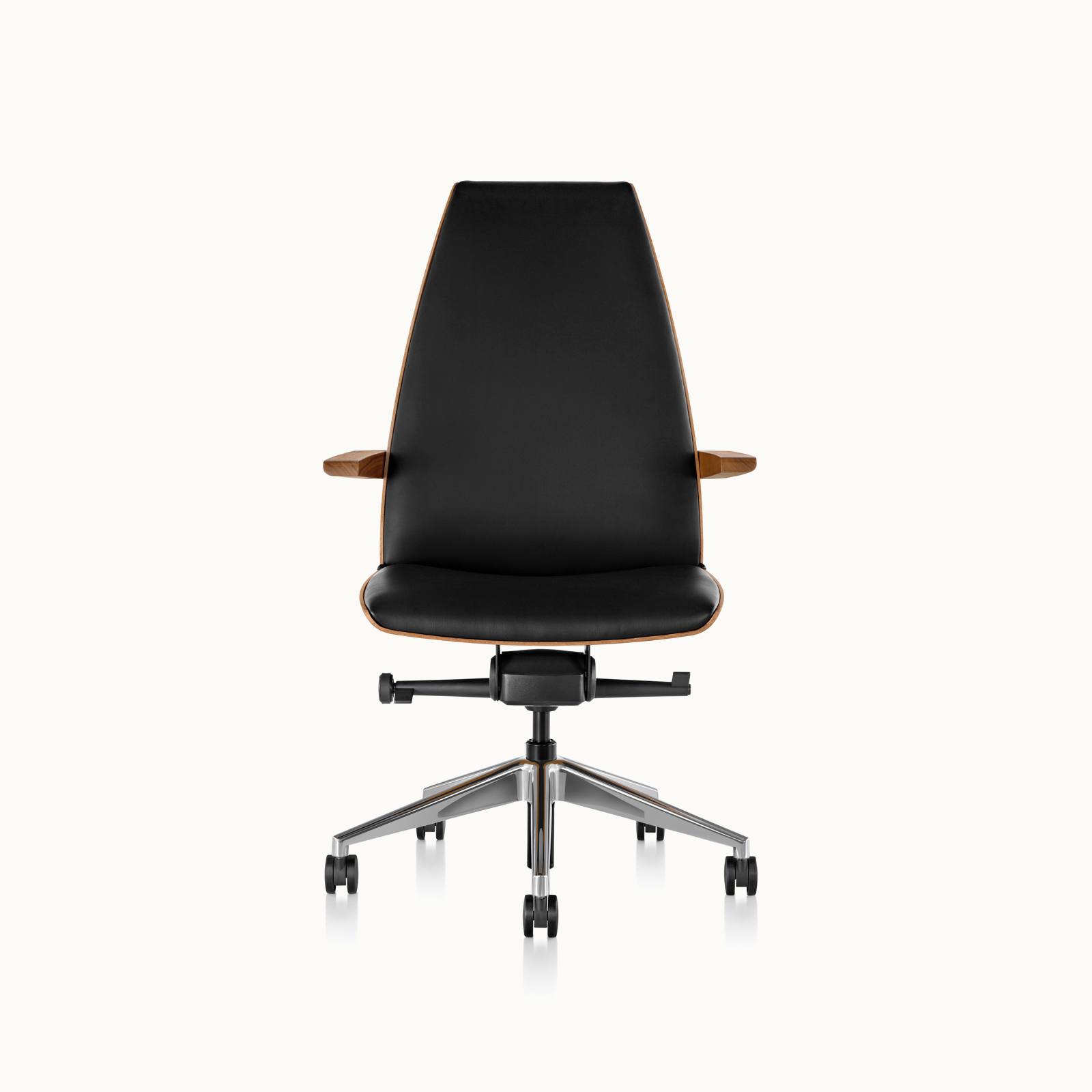 A high-back Clamshell office chair with arms and black leather upholstery, viewed from the front.