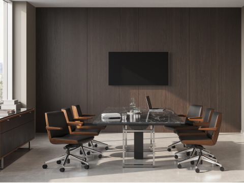 Highline Conference Table and Highline 25 Credenza by DatesWeiser in Black Granite with Clamshell Chairs in conference room. Highline Conference Table and Highline 25 Credenza by DatesWeiser in Black Granite with Clamshell Chairs in conference room.