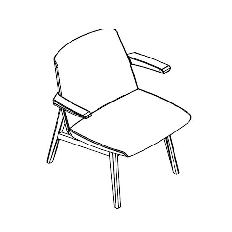 Line drawing of a low-back Clamshell Lounge Chair with arms, viewed from above at an angle.
