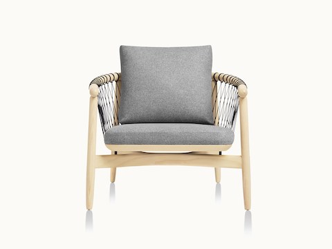A Crosshatch lounge chair with light gray fabric and a light wood frame, viewed from the front.
