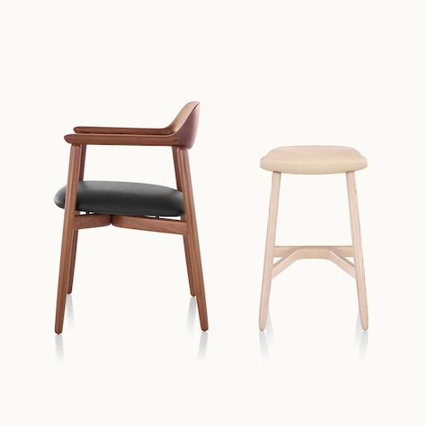 Side view of a Crosshatch Side Chair next to a front view of a Crosshatch Stool.