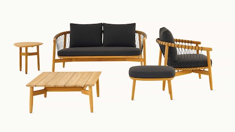 Crosshatch Outdoor Lounge Collection with Lounge Chair and Ottoman, Settee, Square coffee table and Trilobe side table.