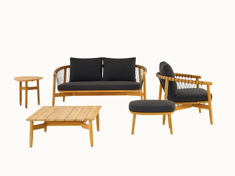 Crosshatch Outdoor Lounge Collection with Lounge Chair and Ottoman, Settee, Square coffee table and Trilobe side table.