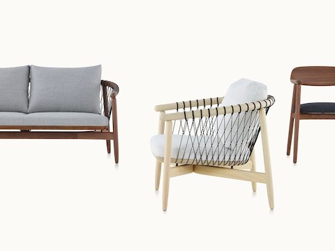 A Crosshatch family shot featuring a Crosshatch Stool, Crosshatch Settee, Crosshatch Chair, and Crosshatch Side Chair.