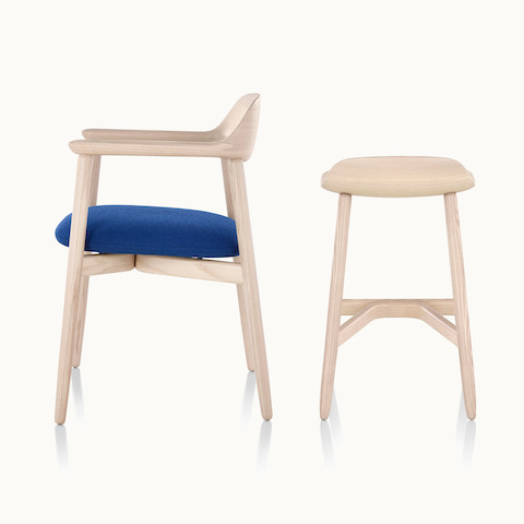 Side view of a Crosshatch Side Chair next to a rear view of a Crosshatch Stool.
