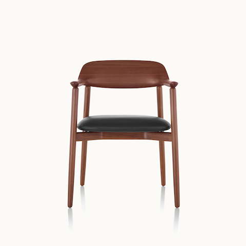 A Crosshatch Side Chair with a black leather seat pad and a wood frame in a medium finish, viewed from the front.