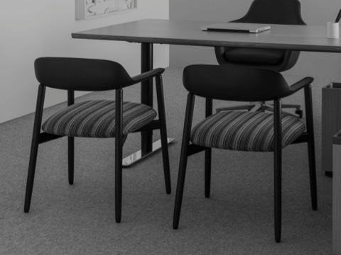 Black-and-white image of a private office with a height-adjustable desk, leather Saiba office chair, and two Crosshatch Side Chairs.