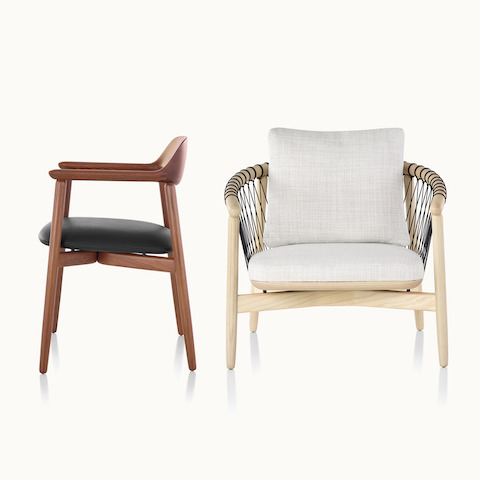 Side view of a wood Crosshatch Side Chair with a medium finish next to a front view of a wood Crosshatch lounge chair with off-white fabric.