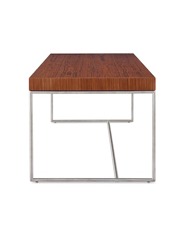 A Domino Desk with wood top and metal base.