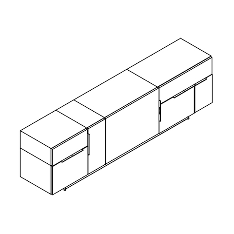 Line drawing of a Domino Storage credenza, viewed from above at an angle.