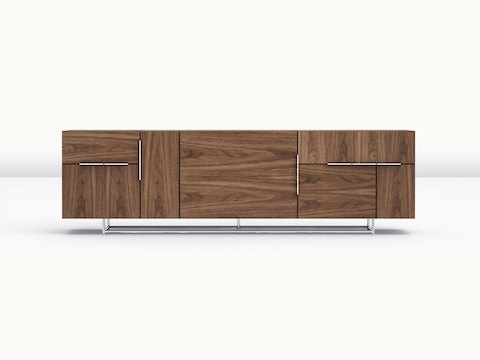 A Domino Storage credenza with a medium wood finish, viewed from the front.