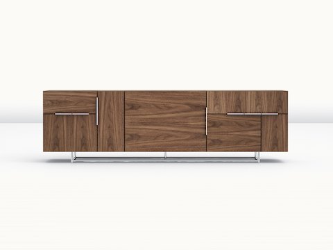 A Domino Storage credenza with a medium wood finish, viewed from the front.
