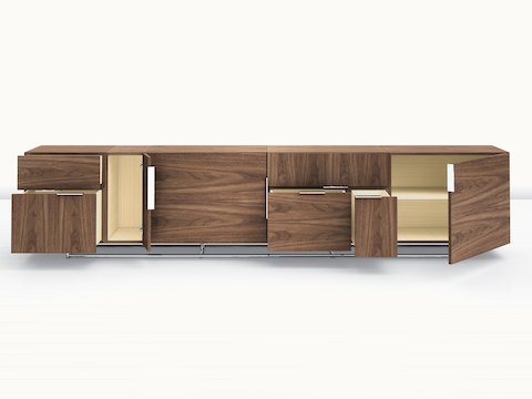 A Domino Storage credenza with a medium wood finish and some doors and drawers open, viewed from the front.