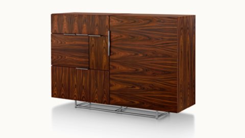 A Domino Storage sideboard with a dark wood finish and a mix of grain direction, viewed at an angle.
