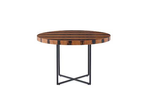 A Domino Table with a wood top and metal base.