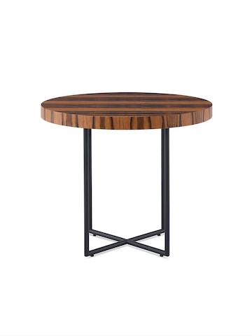 A Domino Table with a wood top and metal base.