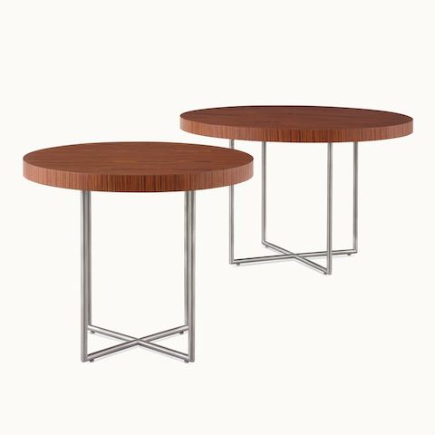 Two Domino Tables with wood tops and metal bases.