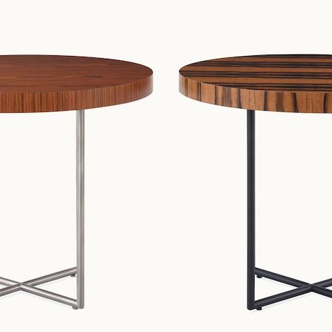 Two Domino Tables with wood tops and metal bases.