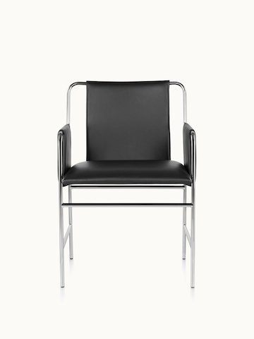 An Envelope side chair with black leather upholstery and a tubular steel frame, viewed from the front.