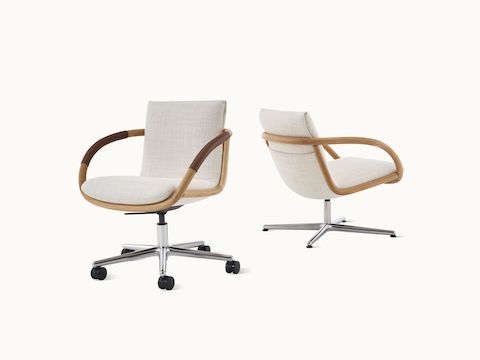 Full Loop office and lounge chairs in Oak and Capri Snow.